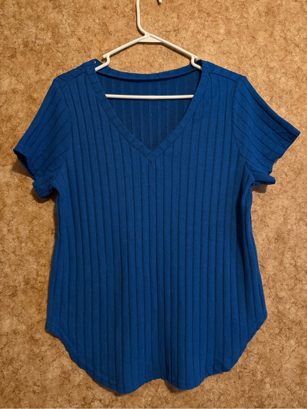 SHEIN Ribbed V-Neck Short Sleeve Top - Blue